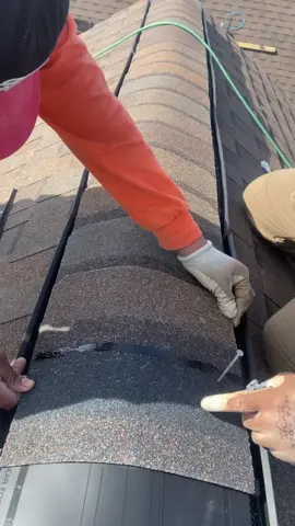 Installing hip and ridge shingles over ridge ventilation system #roofing #foryou #construction #fyp #work #roofer #oddlysatisfying