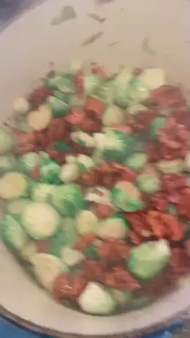 Brussels #cooking #happyathome ... #haven killed it -I helped w the bacon 🥰 #stayathome #homecookedmeal #brusselsprouts #bacon #candiedwalnuts
