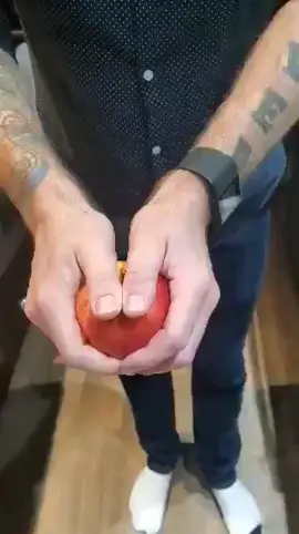 How to rip an apple in half with your bare hands. Place thumbs. Apply downward pressure, pull east to west.