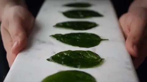 Wrap the basil leaf crispy plate with plastic wrap, dip the basil leaf with olive oil, cover it with #food & beverage