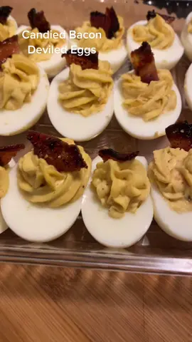 Candied Bacon Devied Eggs.Great for any party #appetizer #holidaycountdown #smallbites #ediblecravingscatering