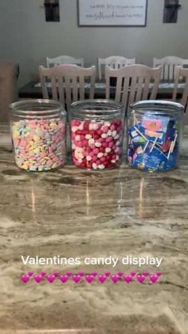Valentines Candy Display 💕 an easy hack is to place a cup in the middle of the jar upside down and fill the candy around it so less candy is needed 💕