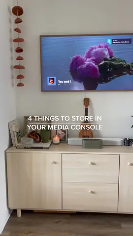 4 things to store in a media console. #organizedhome #mediaconsole #livingroomdecor #livingroomideas #hometok #homeaccount