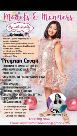 Models & Manners Workshop in Orlando, Florida. Girls 6-14 years old. 24 weeks. Jun-Nov. Register Now: mylittlematildashop@gmail.comAll students will model at Disney Fashion Parade Dec 2022 Dolphin-Swan Hotel.#HavaianasLivreDeCliches #modeling #disney #florida #modelingagency #fashion #modelo #kidsmodel #modeloinfantil #kidsfashion #modelaje #pageant #beautypageant #beautypagean #beautypageantfan #fashionparade #usa #childmodel #childmodelmagazine #orlando