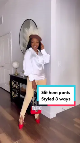 Slit hem pants styled 3 ways. Which is your fav look? #fashionlover #springcolors #OOTD #blackgirltiktok #fyp #fashionstyle #fashionable #viralvideo #spring2022 #fashionista #fashionlovers