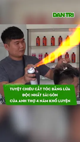 Anh Nguyễn Trọng Giàu có biệt tài dùng bật lửa khò kết hợp với keo xịt tóc, để cắt nhiều kiểu đầu thu hút người trẻ đến trải nghiệm #dantrinews