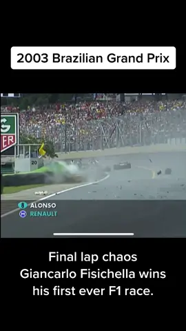 Final lap chaos - Giancarlo Fisichella wins his first ever F1 race after passing Raikkonen, but he would be declared official winner only until the following race in Imola. Webber and Alonso with massive crashes. 2003 Brazilian Grand Prix. #f1 #accident #crash #f1crash #fisichella #alonso #fernandoalonso #jordan #jordanf1 #brazil #interlagos #2003 #formula1