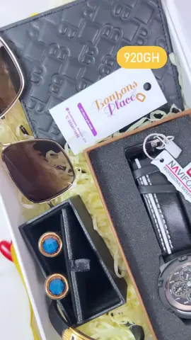 Made just for him 🎁❤️.Total chairman package is 920gh✔️Leather strap wrist watch-350gh✔️Sunglasses-250gh✔️Leather bifold wallet-120gh✔️Luxury Cufflinks-120gh✔️Leather bracelet-80gh.Dm/click the link in our bio to order .Delivery is available nationwide at a fee...........................#bonbonsplace #bonbonsgifts #bonbonsgiftboxes #giftsforhim #giftsideas #giftsghana #madewithlove