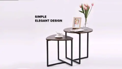 Locaupin Easy Assemble Nesting Side Table Set of 2 Triangle and Round Wooden Top Metal Legs Stacking Coffee Desk Bedside#tiktokshopbudol #table #wooden #metal #desk
