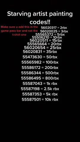 Request any more in the comment😉#roblox #starvingartist #paintingcodes