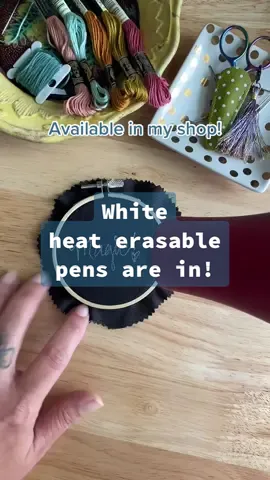 Omg!! White heat erasble pens are a thing! Perfect for transfering embroidery patterns to dark fabric!! Who need one? You do!! #embroiderypattern #patterntransfer #whitepen #heaterasablepens #diyembroidery #youneedthis