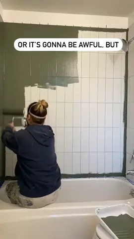 Painting my shower tiles has me nervous, but @Elyse Myers coming in with my exact thoughts #paintedtile #diybathroom #budgetdiy #greentiles #diyproject