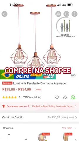 Luminária diamante rosê gold que comprei na shopee 😍❤️. Siga a @achadinhospam para mais achados incríveis. #acheinashopee #achadinhosdashopee #achadinhosshopee #shopee