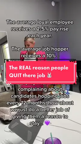 You can complain when people have had lots of precipus jobs OR you can give them more of a reason to stay. 🤷‍♀️ #careeradvice #careertiktok #careercoach #careerchangemaybe #employee #hiring #hiringnow #hiringnewemployees #business #entrepreneur #entpreneuerlife #entrepreneurtok