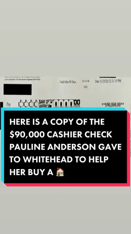 Pauline Anderson gave Whitehead a cashiers check for $90,000 to help her buy a home. The check was written to his company “LAMOR WHITEHEAD, INC” #lamorwhitehead #bishopwhitehead #bishoplamorwhitehead #lamormwhitehead #lamormillerwhitehead #churchrobbery #paulineanderson #blingbishop #lamarwhitehead #bishoplamormillerwhitehead #larryreidlive #churchscam #bishoprobbed #bishoprobbedatgunpoint #pastorwhitehead #bishoplamarwhitehead