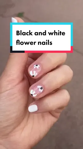 Easy diy black and white mani for the transition between summer and fall. I used olive and june polish in shades HD and E+M. #shortnails #nailart #nailtutorial #oliveandjunenails #flowernails