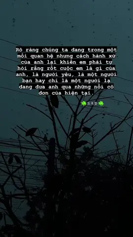 Rõ ràng chúng ta đang trong một mối quan hệ nhưng cách hành xử của anh lại khiến em phải tự hỏi rằng rốt cuộc em là gì của anh, là người yêu, là một người bạn hay chỉ là một người lạ đang đưa anh qua những nỗi cô đơn của hiện tại.#stt_buồn_tâm_trạng #fypツ #foryourpage