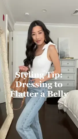 3 simple styling tips on dressing to flatter a belly - great for postpartum or if you’re expecting but not ready to share yet. #styletips #petitefashion #MomsofTikTok #postpartumbody #postpartum #postpartumjourney #maternitystyle #petite #outfitideas
