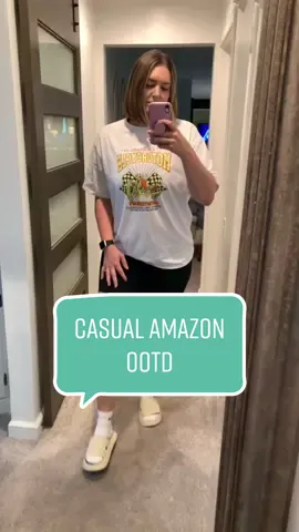 Comfy & casual describes 99% of my wardrobe these days✌🏼 #budgetfriendly #amazonfavorites #oversizedshirt #graphictee #slides #casualfit #midsize 