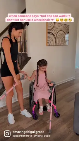 with cerebral palsy, Ab uses 3-5x the amount of energy doing the same tasks that may feel effortless to others. while walking is her most common used form of mobility, she’s also working very hard with each step she takes. the ability to ambulate in her chair opens up possibilities for her to go at a faster pace and to a farther distance- all while preserving some of her energy for when she gets there! 🦽💨❤️  ps you can see how we have soooo much fun making this videos, thank you always for your support 🥹🫶🏻  #amazingabigailgrace #cerebralpalsy #dandywalker #disability #wheelchair 