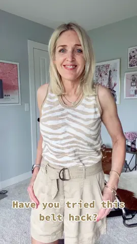 Have you tied this belt hack? Belts that come with shorts and pants are often times too long. Here’s an easy way to tie them for a more polished look. #stylehacksforwomen #fashionhack #belthacks #styletipsforwomen #trythishack