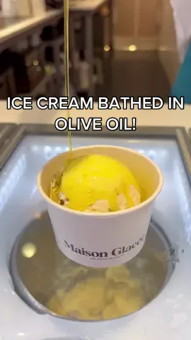 CHEESE ICE CREAM BATHED IN OLIVE OIL 🤯 Would you try it? #dessert 