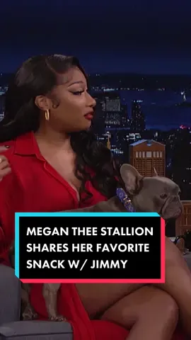 @theestallion shares one of her favorite snacks with Jimmy: Hot Cheetos stuffed inside a pickle. #FallonTonight #MeganOnFallon