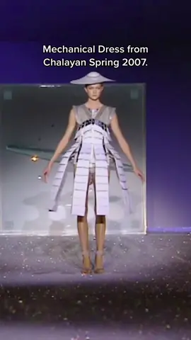 Mechanical Dress from Chalayan Spring 2007 ‘One Hundred and Eleven”.  The mechanical dresses in the show were created using various electronic components, including geared motors, battery packs, chips, and monofilament wires.  The Chalayan team worked with a team of creative collaborators for the show including Swarovski, Adam Wright, Guy Stevens, Janet Burns, Joe Scott, Janet Knechtel, Scot Brooker, Andy Roberts, Josh Lee, Rachel Frost, Rachel Turner, and Moritz Waldemeyer.  Footage via the Chalayan Youtube Channel. #fashion #fashiontiktok #couture #hautecouture #cyberpunk #y2k #y2kaesthetic #performanceart 