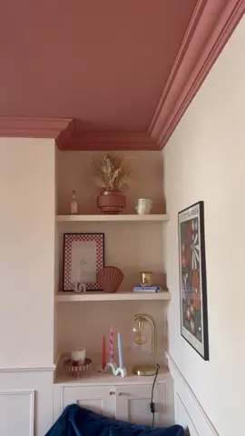 Adding some colour to the living room with a painted ceiling in Red 03 by @Lick #lickhome #licktok #lickuk #gifted #paintedceiling #red03 #pink02 #colourfulhome #homeaesthetic #diyproject #homerenovation #panelling #gifted #girlswhodiy #livingroommakeover 