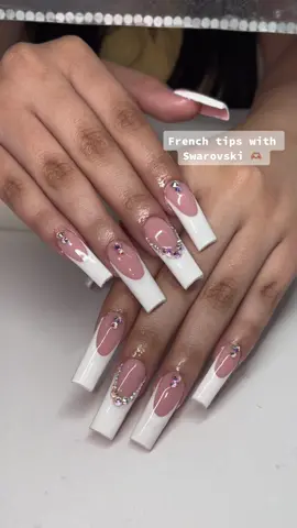 Love how these came out so classy and cute!! Follow me on Ig #acrylicnails #whitenails #nails #swarovski #frenchtipnails #nailsonfleek
