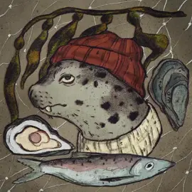 harbor seal sailor, oyster, kelp, amd the humble yet important herring (a quick-ish sketch that kept me up way too late last night, ugh i want to live by the water so bd someone let me move in with them) #art #speedpaint #harborseal #alaska #oyster #kelp #herring #wildlifeart #furryadjacent #furryart #fisherman #