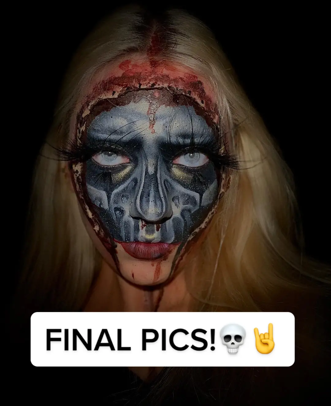i’m too scared of contacts so i literally draw white over my eyes on picsart lmaooo don’t look too close #makeup #skeleton #skullmakeup #skull #skeletonmakeup