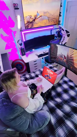 Do you game from bed? 😴   We love gaming from bed, both PS5 and PC! This screen is great for work/school too, it's so much better than just using the laptop screen. Cam uses the desk setup so Petra stays in bed with this 😂 #spidermanpc #gamingsetups #pcmr #marvelsspidermanps4 