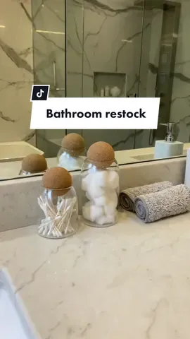 These jars look so cute on my bathroom counter #restock #refill #organizedhome #refillasmr #asmrsounds #homedecor #bathroomdecor 