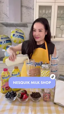 Tell us in the comments how you enjoy Nesquik for a chance to win your own 70th anniversary milk shop kit!   #Nesquik70 #Nesquik #Nostalgia #Backtoschool #Chocolatemilk #Chockymilk  The Nesquik® 70th Anniversary Milk Shop Kit includes: 1. Branded Nesquik® cooler  2. Nesquik® branded plastic milk glasses 3. Nesquik® apron 4. Nesquik® 70th Anniversary balloons 5. Tablecloth, paper or metal straws, straw holder and napkin holder 6. Toppings and fruit garnishes (or Visa gift card to purchase locally) 7. Nesquik® 70th Anniversary “’Quik Facts” card with Recipes 8. Nesquik® Chocolate Syrup  9. Nesquik® Vanilla/Strawberry Syrup 