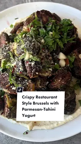 CRISPY RESTAURANT-STYLE BRUSSELS WITH PARMESAN-TAHINI AND A CRUNCHY TOPPING! Literally the most perfect Brussels every time—the key is tossing in a little starch and roasting on high heat. This dip and topping finishes off this “salad.” RECIPE PINNED ABOVE USERNAME (“See full recipe.”) and on INSTAGRAM (link in bio). #brusselsprouts #vegetarian #glutenfree #healthyrecipes #lowcarb #veggiedish