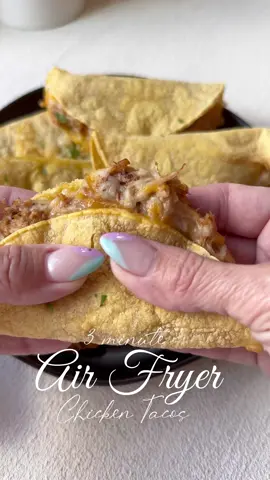 Chicken recipe:  5-6 chicken drumsticks  1/2 tbsp chili oil 1/2 tbsp garlic oil  2 dried arbol chili peppers (remove stems)  1 dry guajillo pepper (remove stem)  1 tbsp taco seasoning  1/2 tsp salt  1/2 tsp cumin  1/4 tsp ancho chili powder  8-10 mini tomatoes  3-4 cups of water   Place all ingredients into a sauce pan. You will want the water to sit just above the drumsticks. Bring to a boil, then reduce to simmer and cover. Allow to cook for about 1 1-1/2 hours. You can leave it alone and it will just cook. Chicken will fall right off the bone when done. Pull out the skin and trash along with the bones.  * or just use a rotisserie for the tacos, but y’all, this chicken is good!   Tacos  Corn tortillas  Shredded chicken Cheese   Coat air fryer tray with cooking oil. Heat tortillas on stove. About 25 seconds each side. Place cheese on one side, then chicken on top of the cheese, and then cheese again! Fold. Place in air fryer, brush lightly on top of the tortilla with olive oil. Air fry on 390 for 3 minutes.  #tacotuesday #tacos #tacotime #chickentacos #airfryerrecipes #airfryermaster #airfriedtacos #airfriedchicken #chickentacos #easymeals #easydinners #quickdinners #chickenrecipes #chickenandcheeseempanadas #airfryerqueen #glutenfree #foryou #foryoupage #foryoureyesonly 