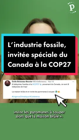 L’industrie fossile, invitée spéciale du Canada à la COP27  👉 Vendredi, le Canada a invité les géants de l’industrie fossile à tenir un événement à son pavillon dans le cadre de la COP27 en cours en Égypte. Intitulé « Collaborer afin de trouver des solutions pour les sables bitumineux », l’événement réunissait l’organisation Alliance nouvelle voies qui représente à elle seule 95 % de la production de sables bitumineux au pays.  Malgré des demandes d’annulation, l’événement a eu lieu. Durant celui-ci, des défenseur·es des droits des autochtones et des activistes pour le climat ont quitté la table ronde et ont manifesté devant le pavillon.  #cop27  #cop27egypt #canada #environnement #ecologie #pollution #climat 