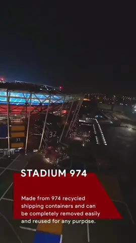 Unique Stadium for Qatar Worldcup: This is Stadium 974 & it is one of the first transportable football arena & first temporary venue in Worldcup history. It's made from 974 recycled shipping containers and can be completely removed easily and reused. It has a capacity of 40,000 people. #stadium974 #FifaWorldCup #Worldcup #Sports ##Football #RONB #News 