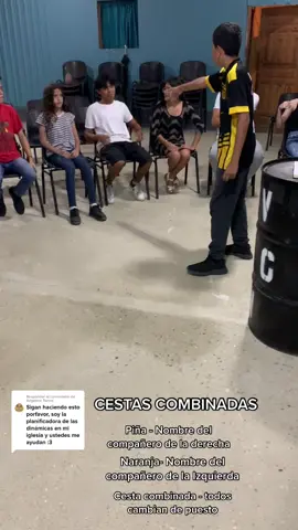 Respuesta a @Angeline Torres Esta dinámica la puedes usar para aprenderse los nombres de todos los integrantes 🙌🏻   Pedimos a los participantes que hagan un círculo con sus sillas, elegimos al azar a un joven del grupo para que sea el coordinador y este mismo deberá quedar en el centro, de pie.  En el momento que el coordinador señale a cualquiera diciéndole ¡Piña!, éste debe responder el nombre del compañero que esté a su derecha. Si le dice: ¡Naranja!, debe decir el nombre del que tiene a su izquierda. Cuando el coordinador diga ¡Cesta combinada!, todos cambiarán de asiento. (El que está en el centro, deberá aprovechar esto para ocupar uno y dejar a otro com-pañero al centro).  #somosjovenesCAC #jovenescristianos #parati #cristianos #hagamosviralajesus #reunionjuvenil #cultojuvenil #iglesia #fyp #juegos #juegoscristianos #aburridos 