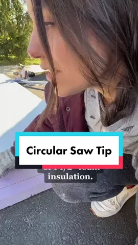 Circular saw tip for ya. Use a 4x8 sheet of foam insulation for cuts!  Stores easily in garage. You can shop all my tools and more through the link in my BlO 🧡 #diytip #diytips #diytipsandtricks #circularsaw #carpentersoftiktok #girlswhobuildthings #DIY 