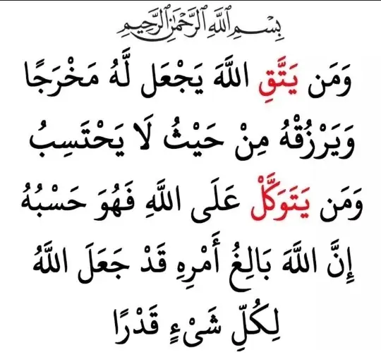 ومن يتقي الله يجعل له مخرجا ويرزقه من حيث لا يحتسب ومن يتوكل على الله فهو حسبه ان الله بالغ أمره قد جعل الله لكل شيء قدرا. صدق الله العظيم 