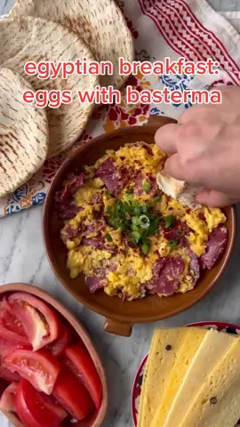 beid bel basterma is first on our egyptian breakfast series. this classic egg dish is a classic in our home. basterma is a delicious fragrant heavily spiced cured meat that elevates any dish you add it to. we love adding it to our soft scrambled eggs for the best breakfast dish! @This Is Cairo #ArabTikTok #arabfood #basterma #basturmatiktok #armeniantiktok #egyptiantiktok #egyptianfood #breakfast #brunch #arabicbreakfast #eggrecipe 