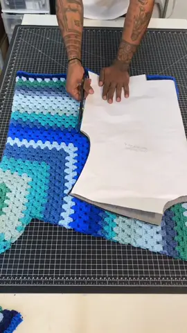 Made another custom piece from a crocheted blanket! #fashion #design #style #stylist #crochet #custom #1of1 #comfy #denim #jacket #blue #DIY #amazing #creative #exclusive #fun #like #comment #share #fyp 
