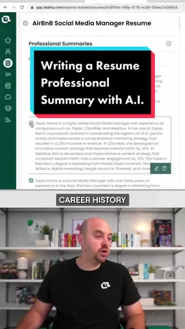 There is SO. MUCH. WRITING. in a job search, and ChatGPT is far in a way one of the most beneficial assistants to help with that. By simply copying your resume into the tool it can kick back 3 professional summaries in under 30 seconds. Just like that you’ve saved hours of work and have 3 options ready to tailor to the right jobs. #resume #chatgpt #chatgpt3 #openai #resumetok #resumetips #resumetiktok #careertok #jobsearch #jobsearchtips