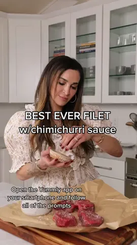 How to make the filet mignon with easy chimichurri sauce using the @Yummly Smart Thermometer #YummlySmartThermometer #YummlyInTheKitchen #holidaydinner #christmasdinner #steakrecipes #chimichurri