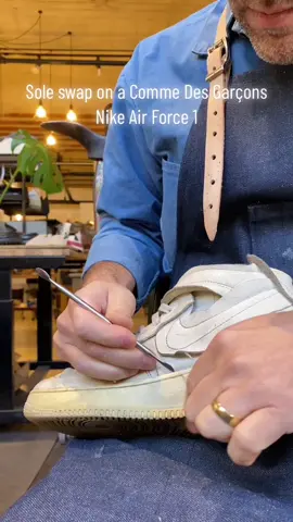 Doing a sole swap on a Comme Des Garçons Nike Air Force 1 in our downtown LA workshop. On this pair we added a subtle vintage effect to the donor sole so it would fit better with the worn in leather of the upper. #cobblershop #shoerepairshop #shoerepair #handmade #resole #customsneakers #leathercraft #soleswap #cobbler #nike 