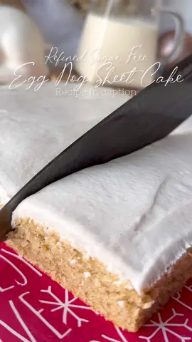1/2 cup coconut oil (melted and cooled)  3/4 cup cane sugar 2 large eggs (room temp)  1 1/4 cups GF 1:1 flour 1/2 tsp salt 1/2 cup oat milk  1 3/4 tsp baking powder 1.5 tsp singingdogvanilla vanilla extract  1 tsp cinnamon  1/4 tsp clove Combine oil and eggs in mixer. Next add eggs and mix for 1 minute. Slowly add all remaining ingredients and mix on medium for 1 minute until fully combined making sure to scrape down the sides and the bottom.  Lightly grease and line a 8x8 baking dish with parchment paper. Pour in batter and bake on 350 for 18-22 minutes or until toothpick comes out clean.  Egg nog frosting  4 oz DF butter butter (softened) 1/2 tsp vanilla extract  2 tbsp oat nog  1 1/4 cup powder sugar  Cream butter in mixer until light and fluffy. Slowly add remaining ingredients and mix for about two minutes. #eggnogcake #eggnog #sheetcake #sheetcakes #vanillacake #moistcakes #food52 #foodblogger #dairyfree #refinedsugarfree #christmascake #holidaycake #holidaybaking #caketok #bakersoftiktok 