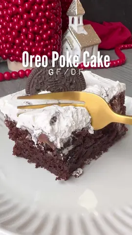 2/3 cup sugar 1 tsp apple cider vinegar  1/2 tsp espresso baking powder  3/4 tsp baking powder 1/2 cup cocoa powder I used  3/4 cup and 2 tbsp GF 1:1 flour  2 tsp vanilla extract  1/2 tsp baking soda 1/4 tsp salt 1/4 cup light brown sugar 2 eggs (take out 10 min prior) 1/3 cup vegetable oil  2/3 cup boiling water to activate cocoa  Preheat oven to 350 degrees.  Place all dry ingredients in mixer, then add in wet ingredients one by one. Mix on medium for about 3-4 minutes until smooth and blended. Crush up 10-12 Oreos and place on top of the batter. Bake for 22-25 minutes minutes depending on your oven. Toothpick will come out clean when done. Let cool in pan for 15 minutes. While cooling, make your chocolate pudding. Once 15mins is up, poke holes in cake, then pour pudding into the holes. Place in fridge for 1 hour. Crush up 10 Oreos and mix with thawed out whipped cream. Spread evenly over cake and place in fridge for 2 hours then serve!  #oreocake #pokecake #pokecakes #oreopokecake #christmasdesserts #chocolatecake #chocolatelovers #foryou #fyp #holidaydesserts #christmascrack #EasyRecipes #bakersoftiktok #delicious #damnthatsdelish #christmascake #holidaycame #newyearsdessert 