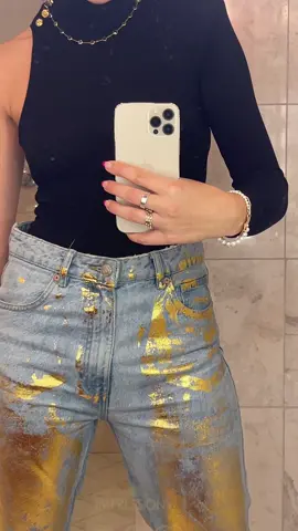 per mom’s request: gold denim #metallicpants #outfitideas #fashiontiktok #foiltransfer #golddenim